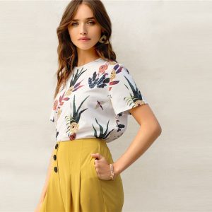 Floral And Plants Print Womens Short Sleeve Casual T Shirt