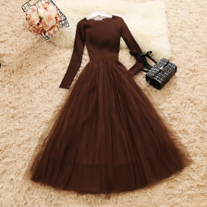 Women Knit Mesh Long Sleeve Elegant Dress