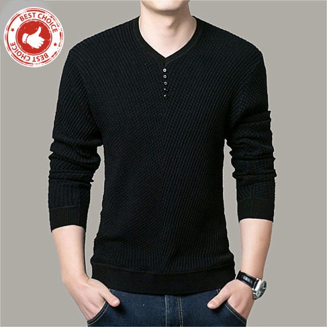 Men Casual V-Neck Pullover Slim Fit Long Sleeve Shirt