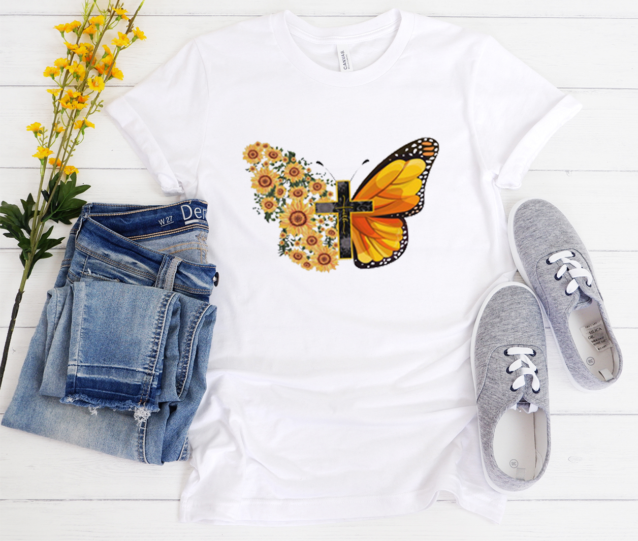 Christian Faith Cross Sunflowers Butterfly Shirt